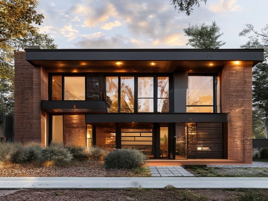 modern house front design featuring black window frames and a flat roof