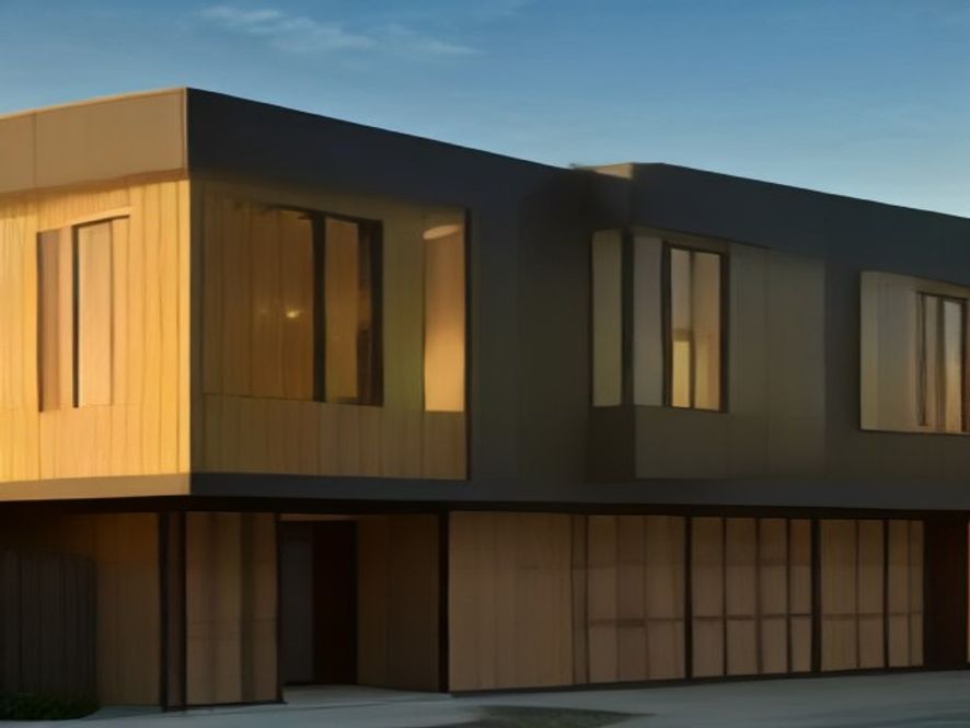 modern house front design featuring black window frames, a flat roof and wood slat accents